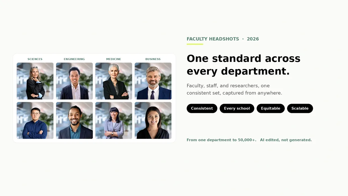 Hero image for the blog about consistent faculty headshots showing eight real Scale headshots grouped into four labeled school columns (Sciences, Engineering, Medicine, Business), all in one consistent style, beside the title 'One standard across every department' and four chips (Consistent, Every school, Equitable, Scalable).