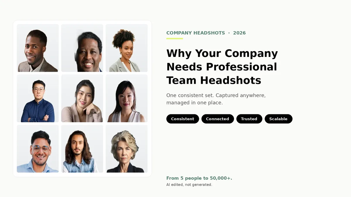 Hero image for the blog 'Why Your Company Needs Professional Team Headshots' showing a uniform 3x3 grid of nine diverse professionals on one shared studio background as a single consistent company headshot set, beside the title, four chips (Consistent, Connected, Trusted, Scalable), and the tagline 'From 5 people to 50,000+. AI edited, not generated.'