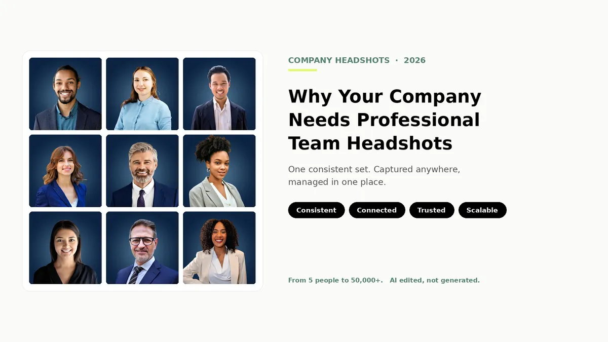 Hero image for the blog 'Why Your Company Needs Professional Team Headshots' showing a uniform 3x3 grid of nine diverse professionals, all real Scale-enhanced headshots on the same navy studio background as one consistent company set, beside the title, four chips (Consistent, Connected, Trusted, Scalable), and 'From 5 people to 50,000+. AI edited, not generated.'