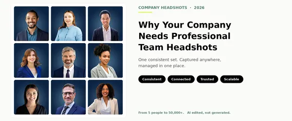 Hero image for the blog 'Why Your Company Needs Professional Team Headshots' showing a uniform 3x3 grid of nine diverse professionals, all real Scale-enhanced headshots on the same navy studio background as one consistent company set, beside the title, four chips (Consistent, Connected, Trusted, Scalable), and 'From 5 people to 50,000+. AI edited, not generated.'
