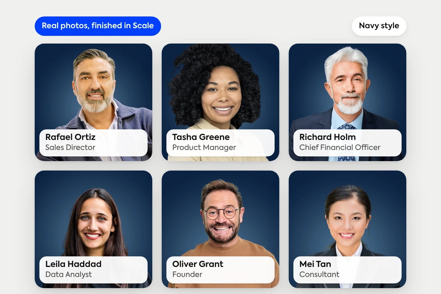 Six real professionals finished in Scale in the Navy style, across age, gender and ethnicity, each with clean composition, even lighting and a confident expression