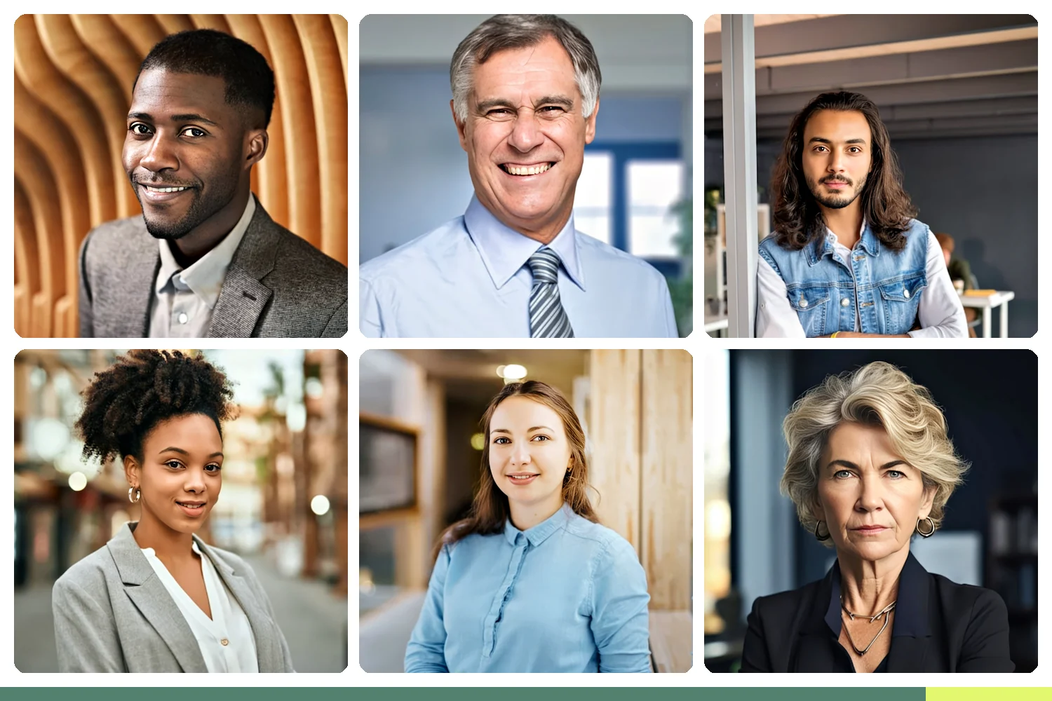 Six-tile grid of Scale-style LinkedIn headshots showing diverse professionals across age, gender, and ethnicity, each with clean composition, even lighting, and confident expressions