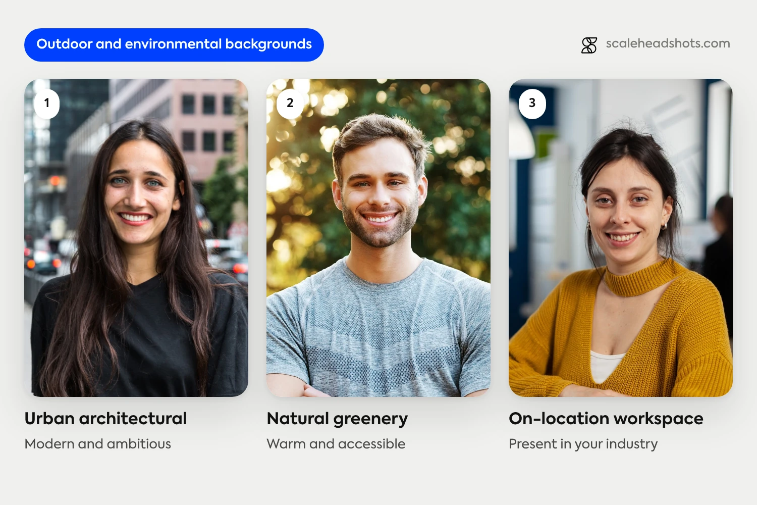 Three outdoor and environmental headshot backgrounds: an urban architectural street (modern and ambitious), natural greenery (warm and accessible) and an on-location workspace (present in your industry)