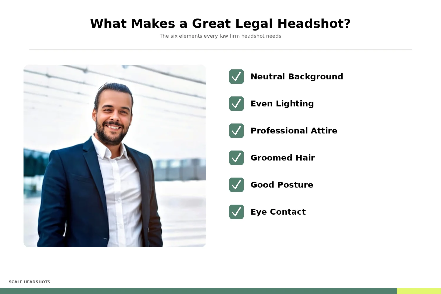 Annotated checklist showing the six elements of a great legal headshot: neutral background, even lighting, professional attire, groomed hair, good posture, eye contact