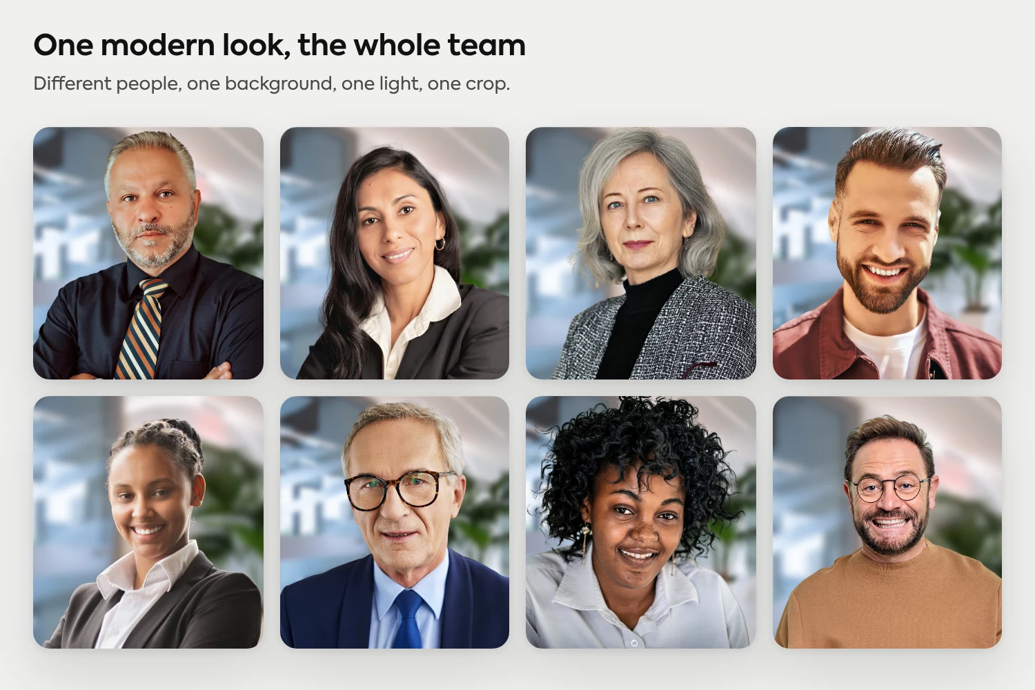 Eight different employees in one modern look, with the same background, lighting and crop