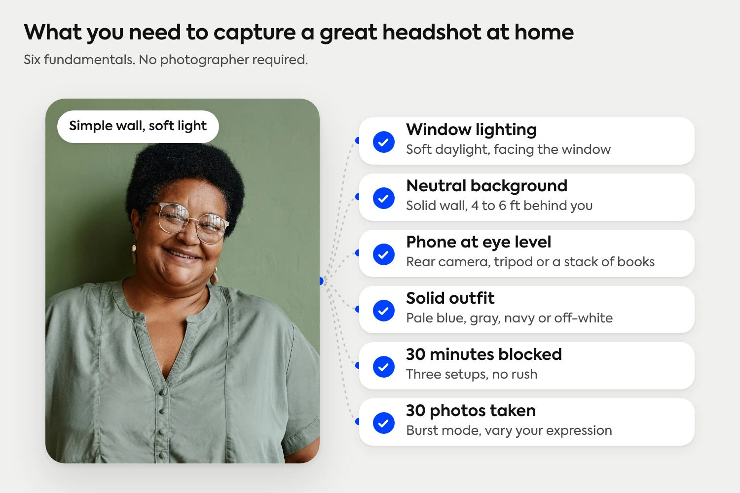 What you need to capture a great headshot at home: window lighting, a neutral background, phone at eye level, a solid outfit, 30 minutes blocked and 30 photos taken