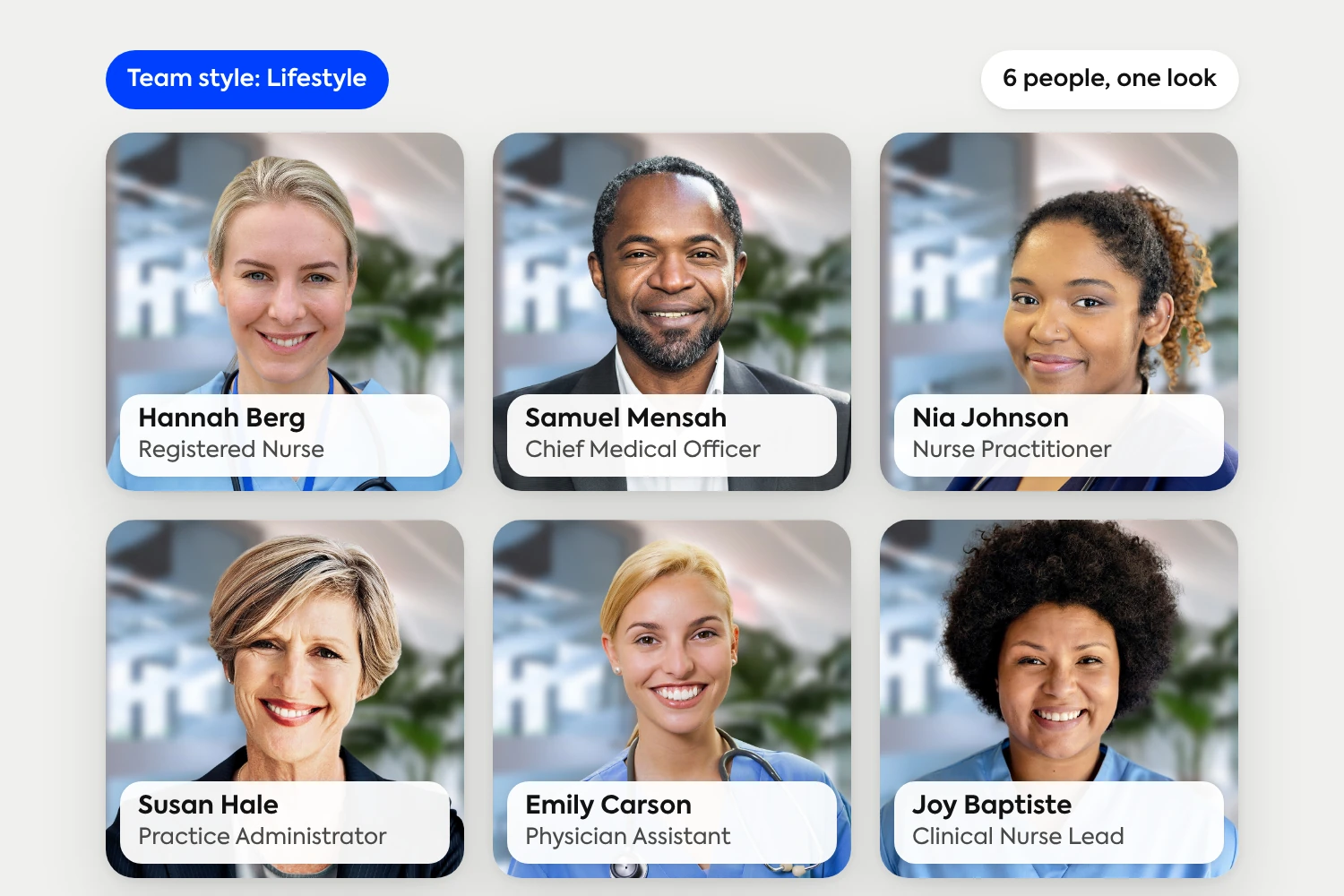Six medical headshots in the Lifestyle style, from registered nurse to chief medical officer, showing one consistent look across a care team