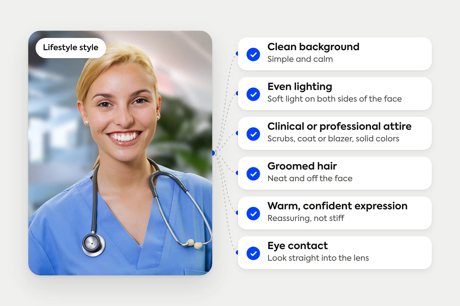 A medical headshot connected to the six things that make it work: clean background, even lighting, clinical or professional attire, groomed hair, a warm confident expression and eye contact