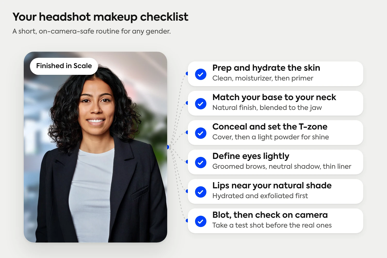 A headshot connected to a six-step makeup checklist: prep and hydrate, match your base to your neck, conceal and set the T-zone, define eyes lightly, lips near your natural shade, blot and check on camera