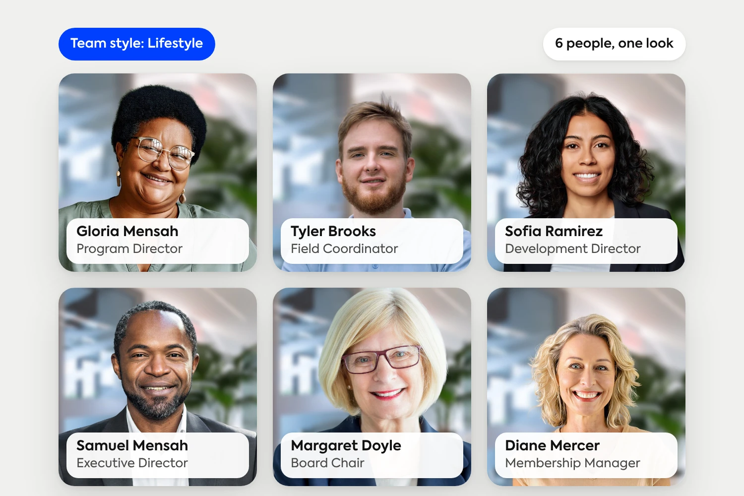 Six nonprofit headshots in the Lifestyle style, from program director to board chair, showing one consistent look across staff and board