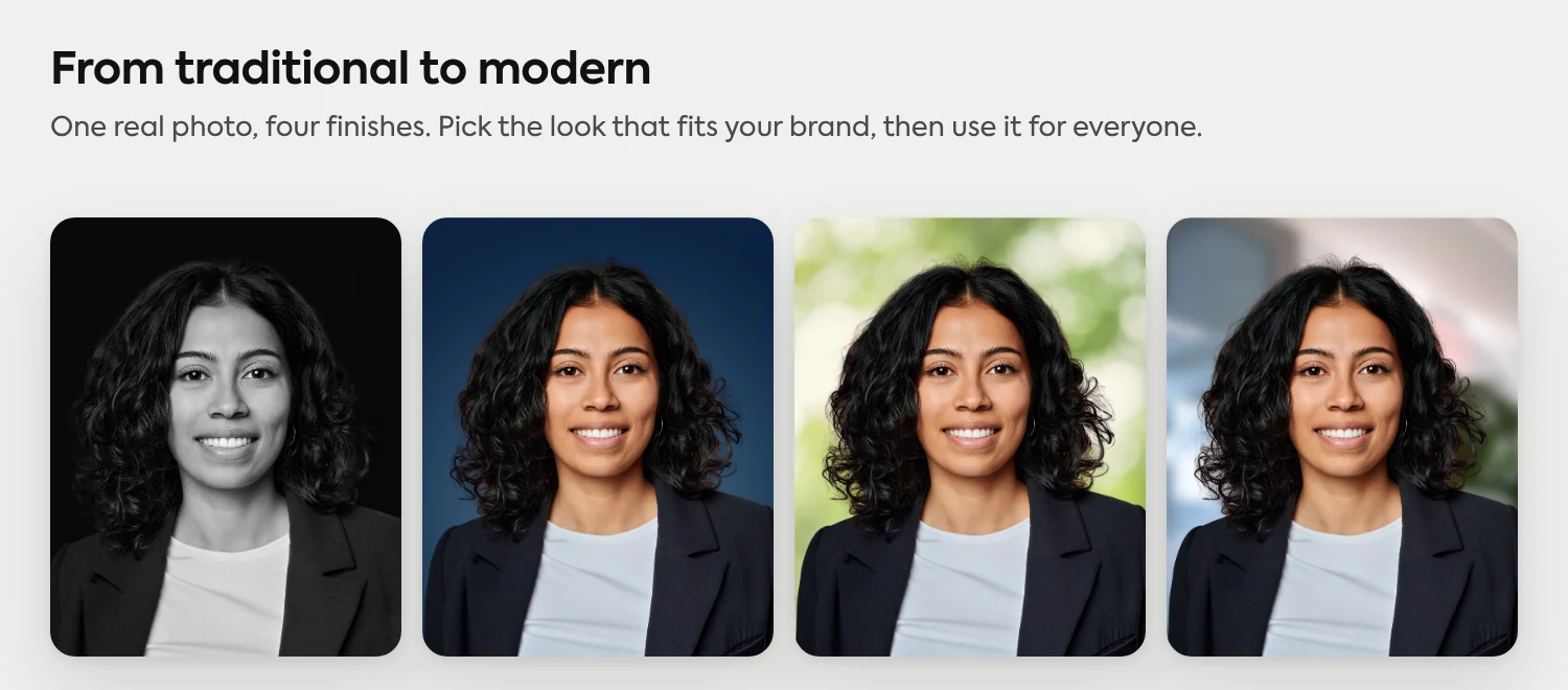The same headshot in four finishes, from a traditional black and white portrait to a modern soft office background
