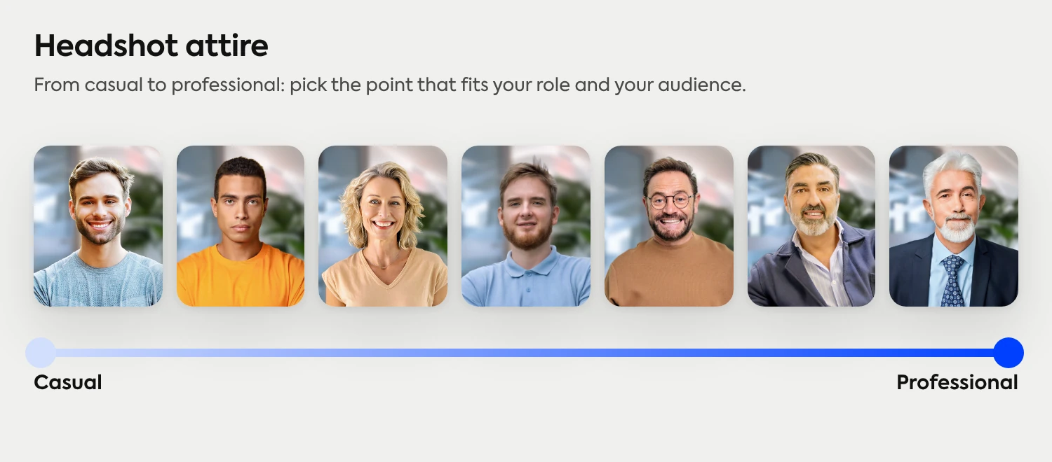 Headshot attire from casual to professional: seven people from a tee to a suit and tie, on one scale