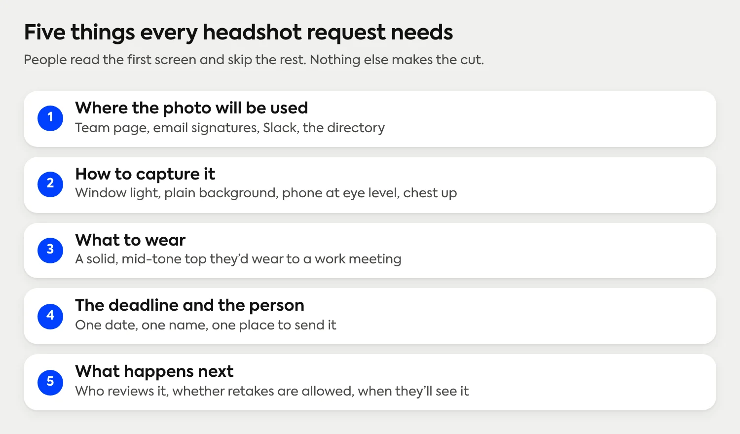 Five things every headshot request needs: where the photo will be used, how to capture it, what to wear, the deadline and the person, and what happens next.