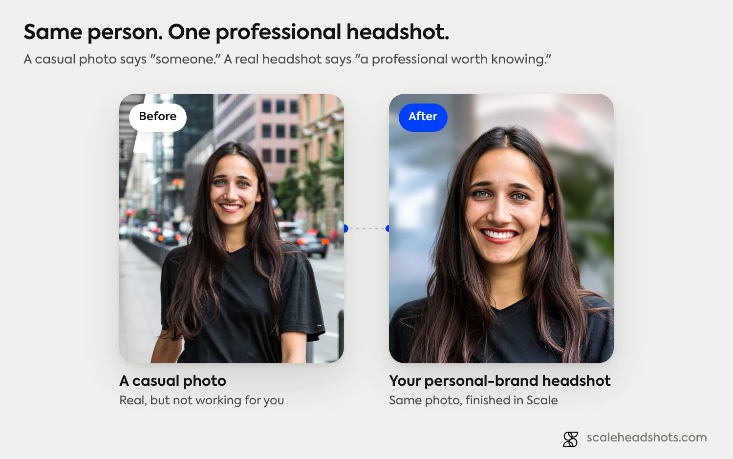 Before and after: a casual street photo and the same person’s personal-brand headshot, finished in Scale
