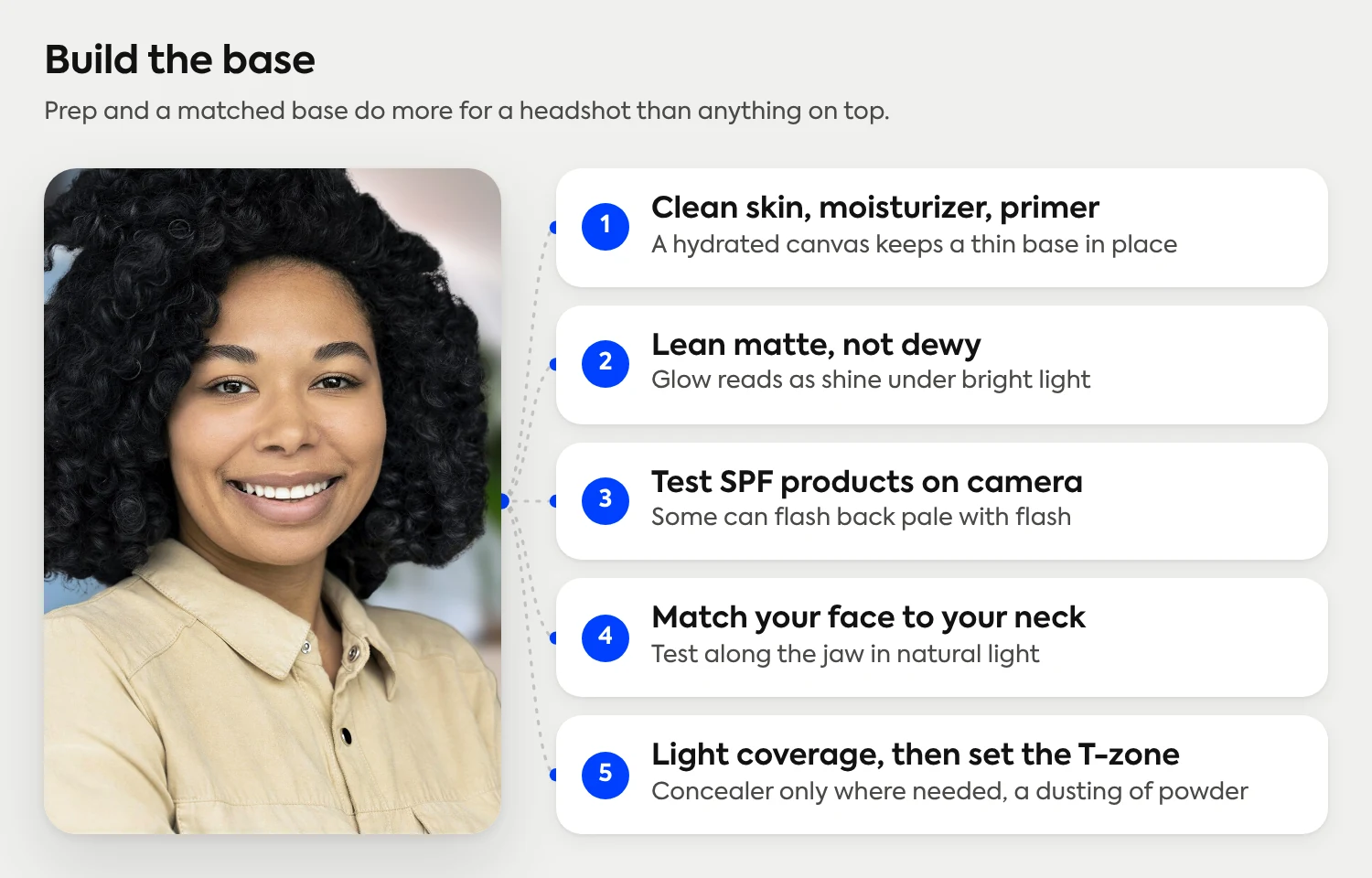 Build the base: clean skin, moisturizer and primer; lean matte; test SPF products on camera; match your face to your neck; light coverage and a set T-zone.