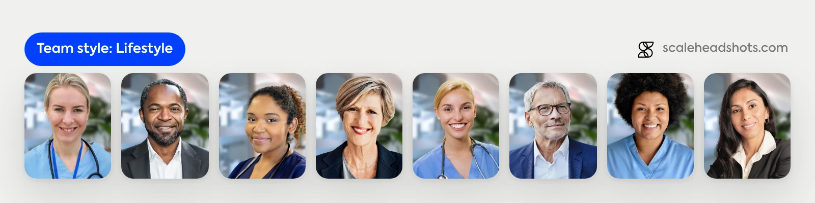 Eight care team headshots, nurses, clinicians and administrators, in one consistent Lifestyle style