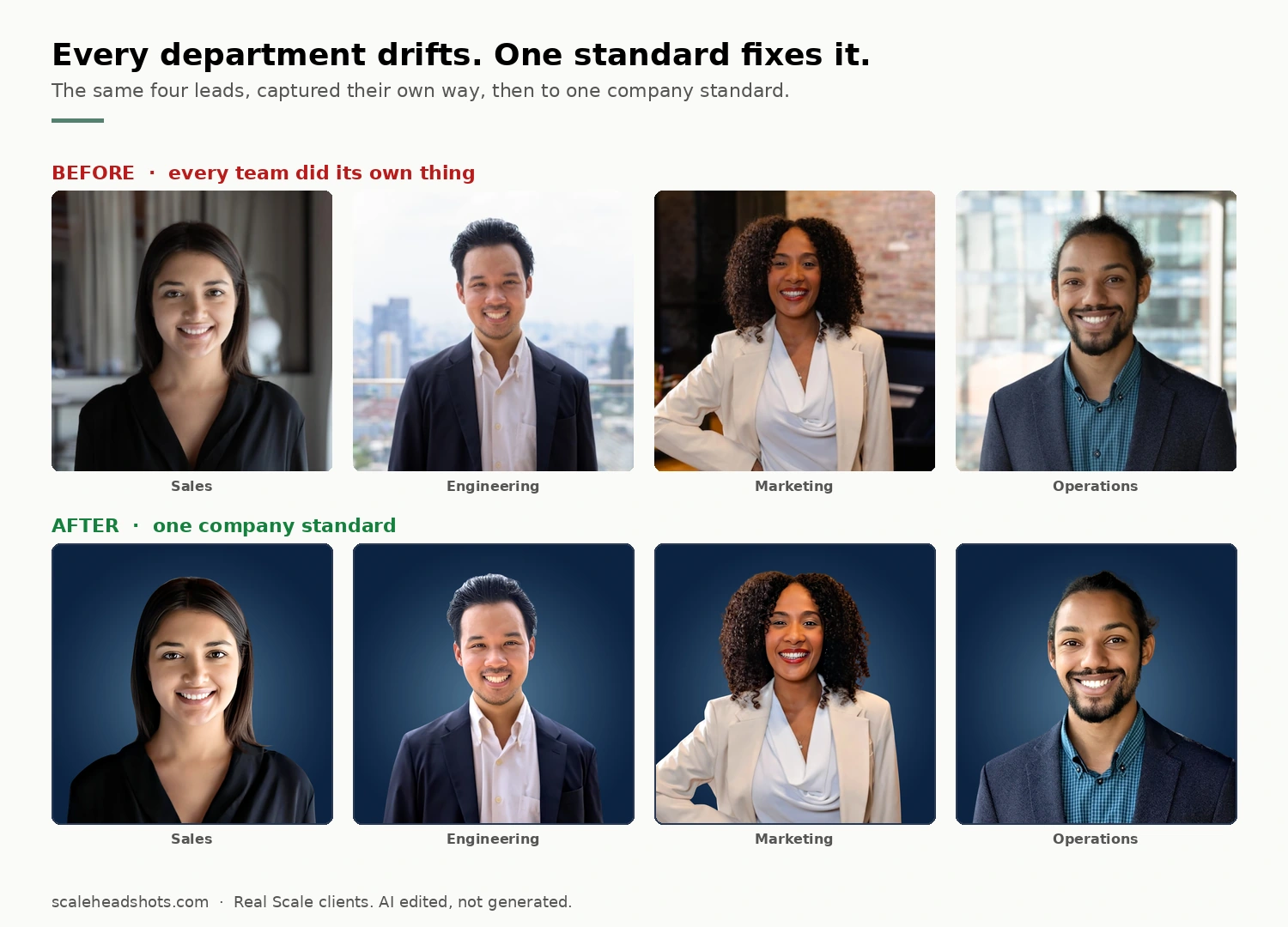 Before-and-after comparison titled 'Every department drifts. One standard fixes it.' showing four department leads (Sales, Engineering, Marketing, Operations) first as their own mismatched photos, then as one consistent set of Scale headshots on the same navy studio background.