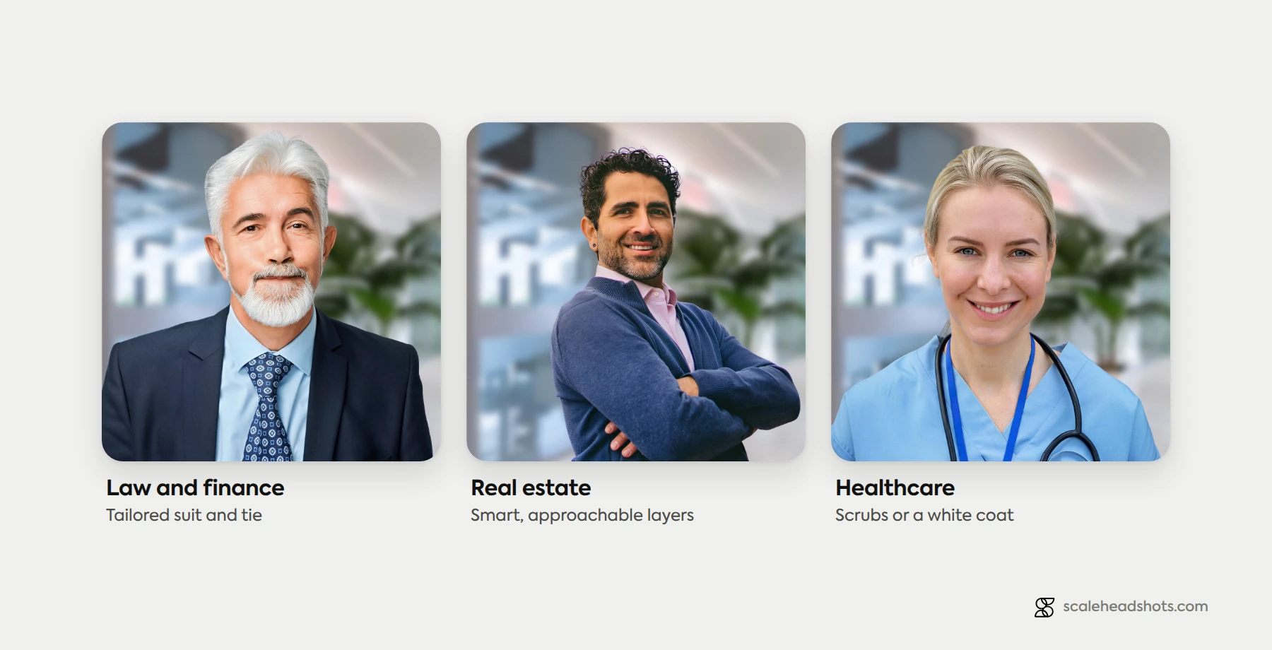 Attire by field: a tailored suit and tie for law and finance, smart layers for real estate, and scrubs for healthcare.