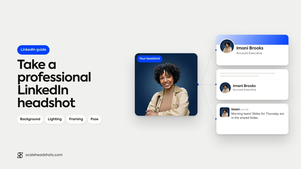 Take a professional LinkedIn headshot: one headshot on a professional profile, an email signature and a team chat