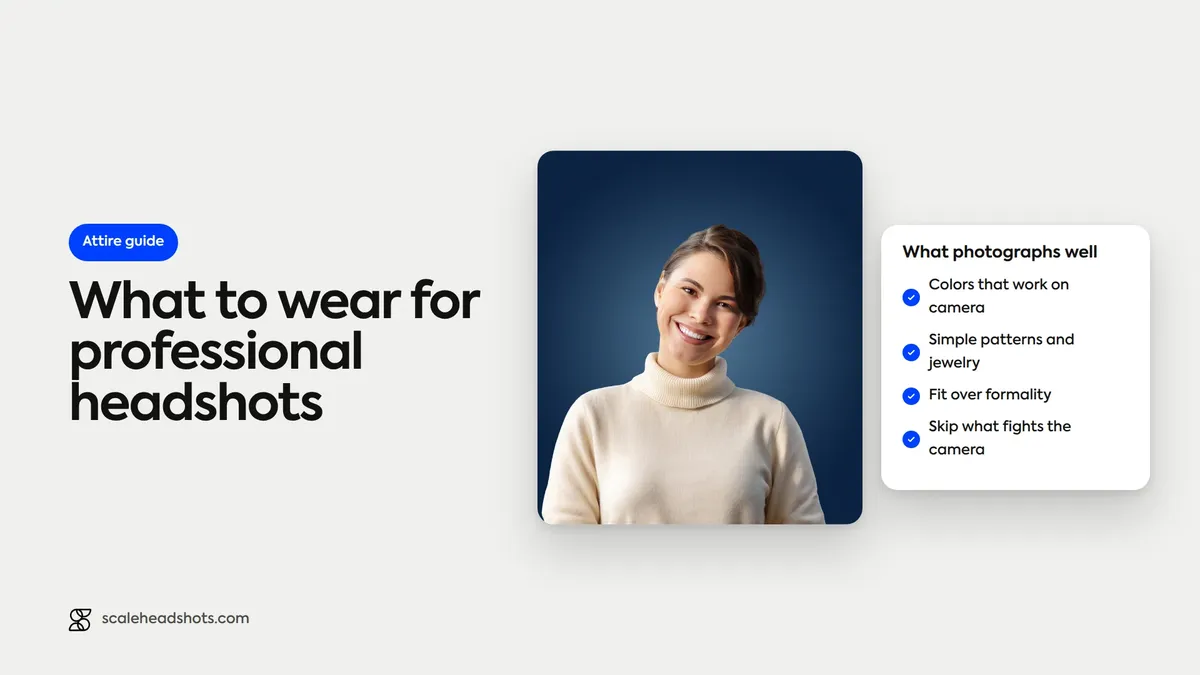 A navy headshot beside a checklist of what photographs well: colors that work on camera, simple patterns and jewelry, fit over formality, and skipping what fights the camera
