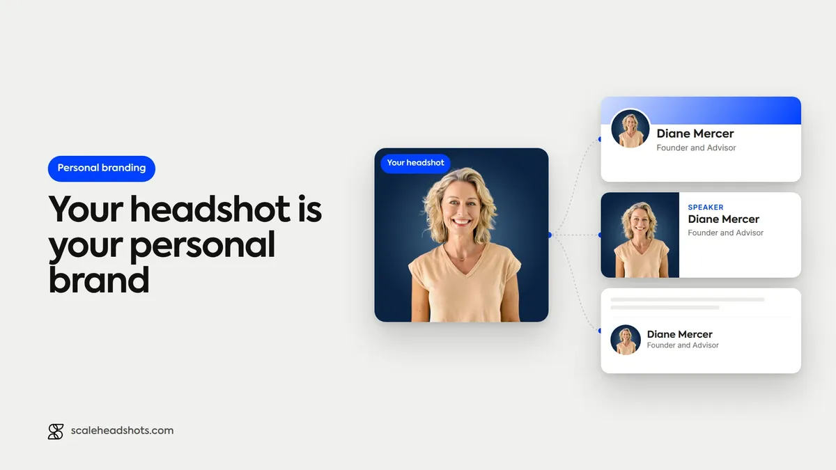 One headshot flowing into a profile page, a speaker card and an email signature