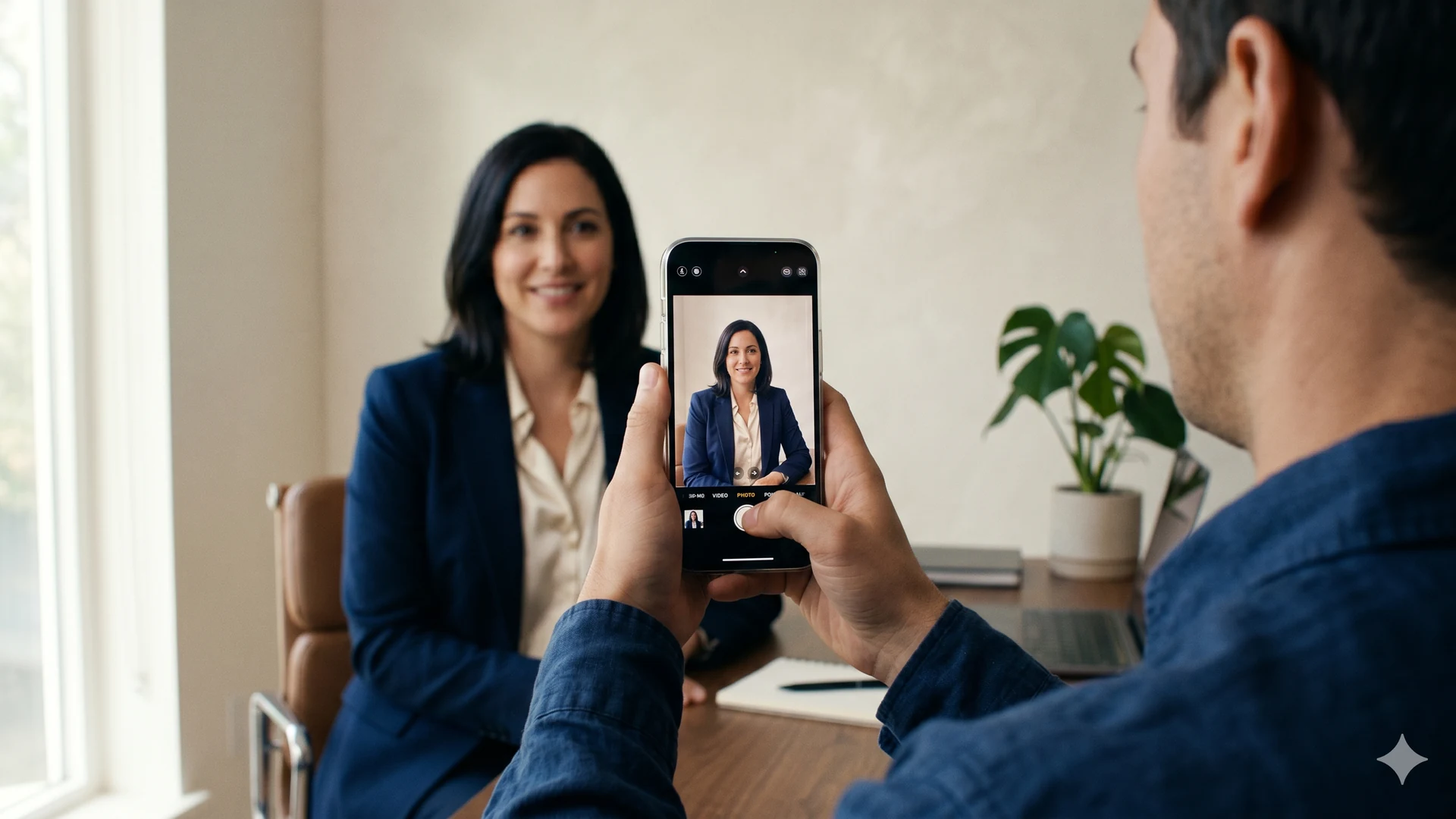 Over-the-shoulder photograph of a person holding a smartphone in landscape orientation taking a head-and-shoulders portrait of a woman in a navy blazer sitting in front of a neutral wall; the phone preview shows the exact same subject framed as a LinkedIn-ready headshot