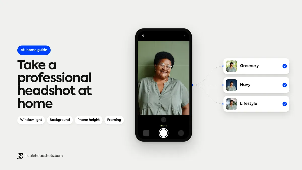 Take a professional headshot at home: a photo taken against a plain wall on a phone camera, flowing into Greenery, Navy and Lifestyle versions
