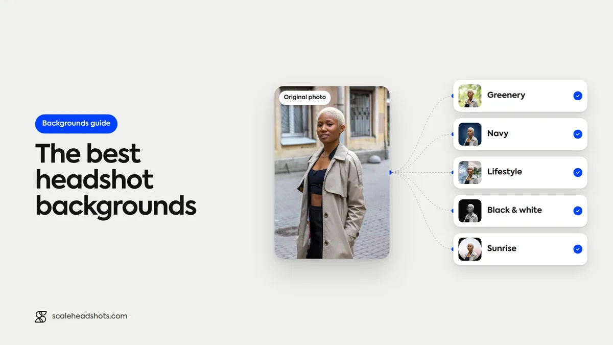 An original street photo flowing into the same headshot on five backgrounds: Greenery, Navy, Lifestyle, Black and white, and Sunrise