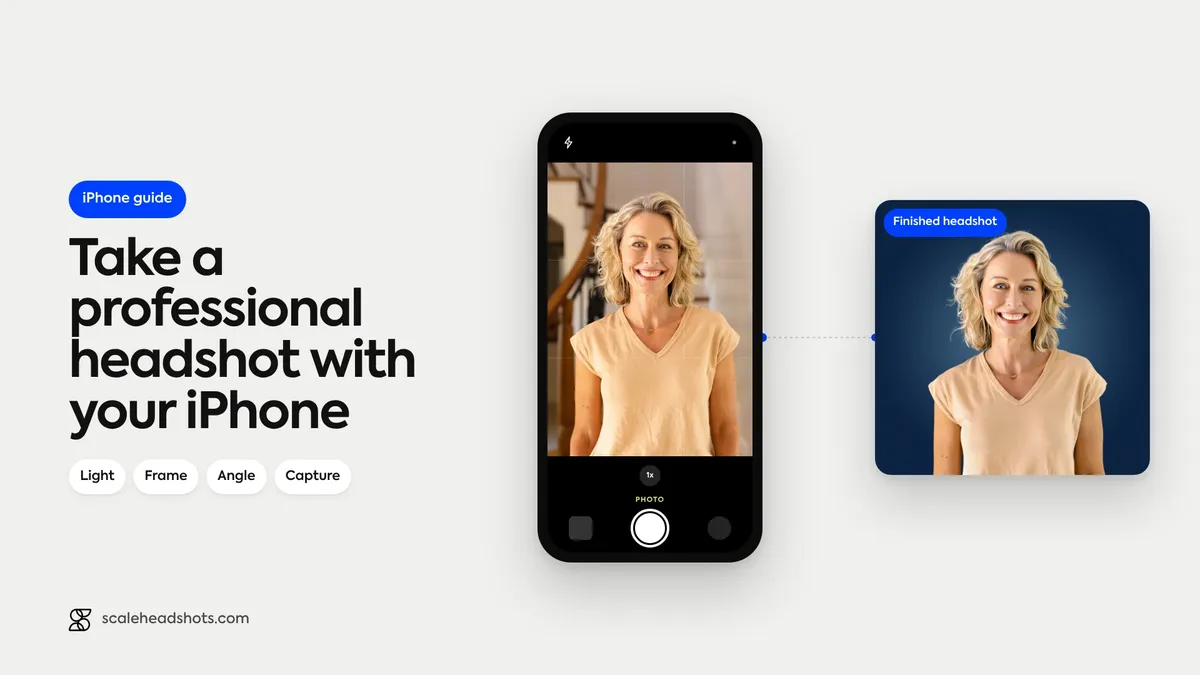Take a professional headshot with your iPhone: a photo taken at home on a phone camera, flowing into a finished headshot on a Navy backdrop