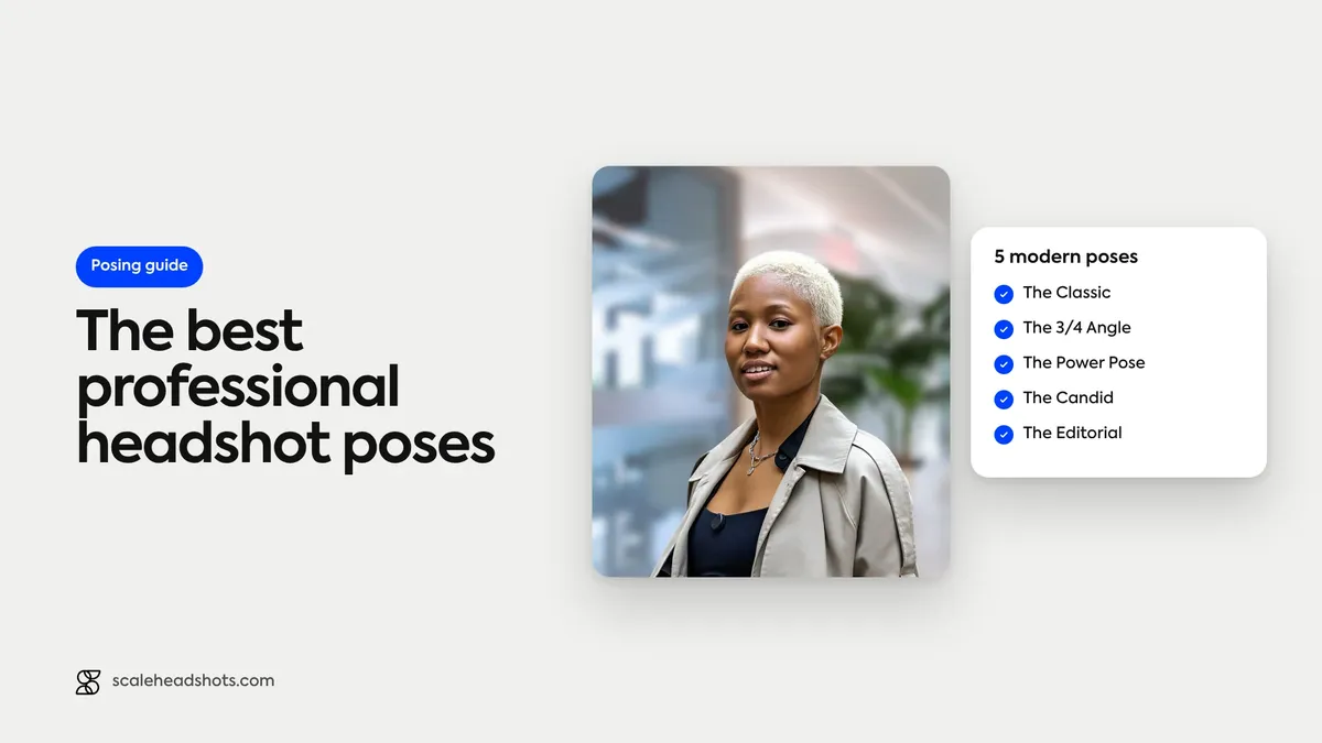 The best professional headshot poses: a Lifestyle-style headshot beside five modern poses, the Classic, the 3/4 Angle, the Power Pose, the Candid and the Editorial