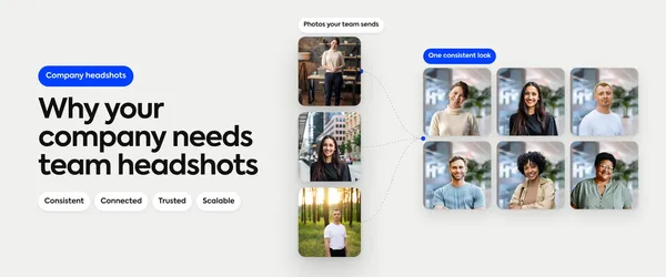 Three different employee photos flowing into one consistent set of team headshots