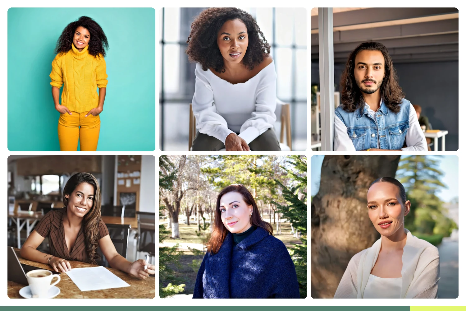 Six casual professional headshots showing range across the four spectrum modes: refined business casual, smart casual, brand-forward casual, off-site lifestyle