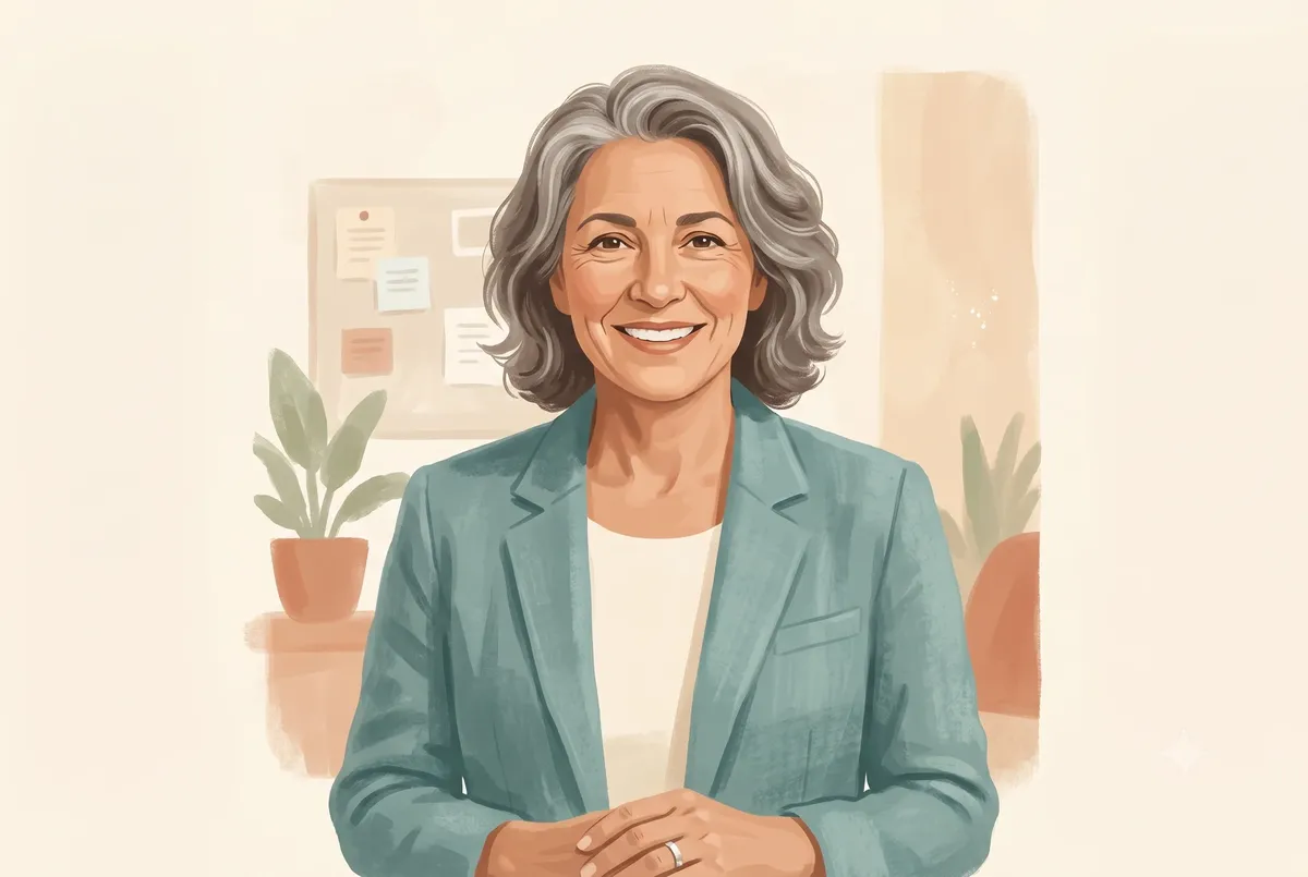 Warm illustrated cover for the Nonprofit & Association Headshots guide: a smiling nonprofit leader in a teal blazer in a community office setting