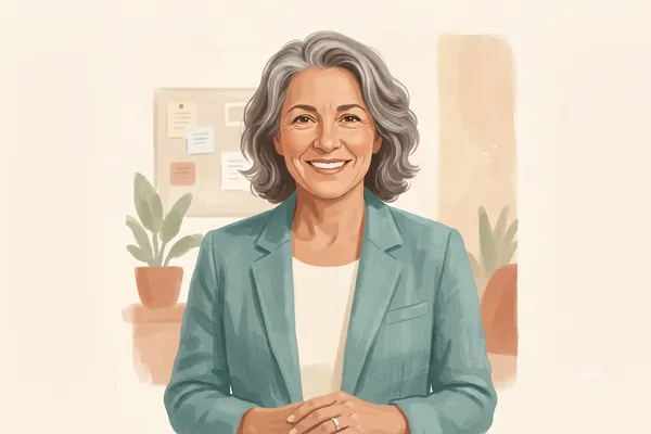 Warm illustrated cover for the Nonprofit & Association Headshots guide: a smiling nonprofit leader in a teal blazer in a community office setting