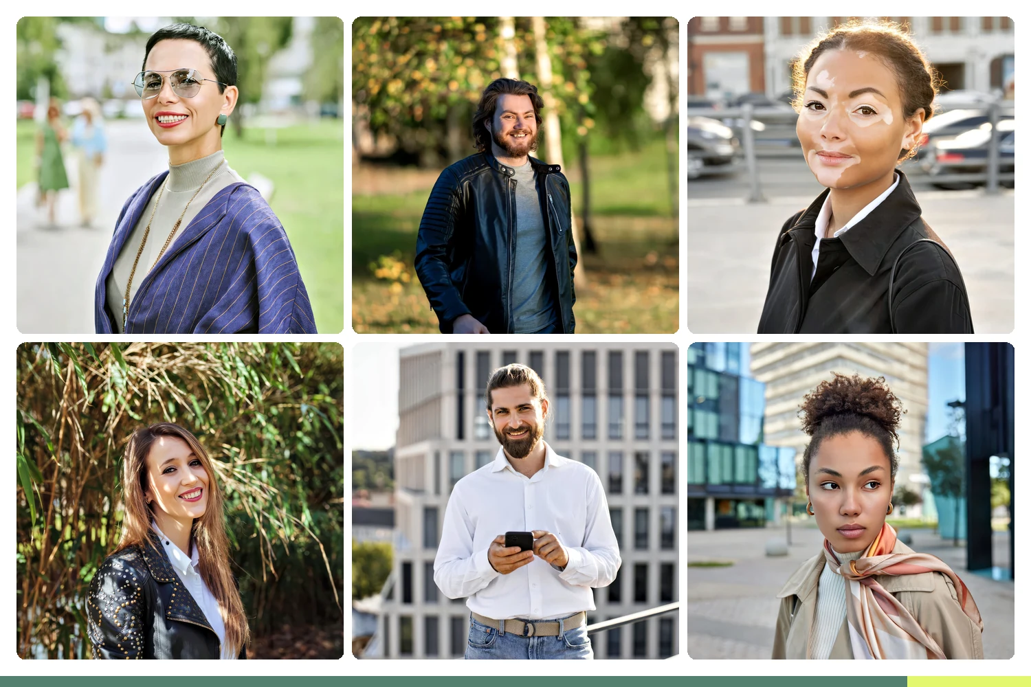 Six outdoor-aesthetic professional headshots showing range across the four spectrum modes: AM, AM, AM, OSN, OL, AM