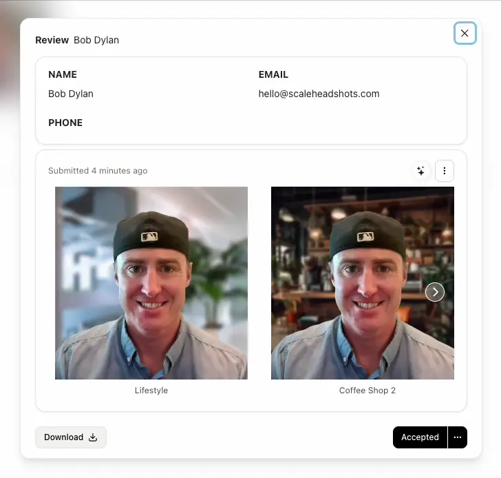 Animated clip of the Studio 2 admin review modal cycling through finished style variants generated from a single submitted photo.