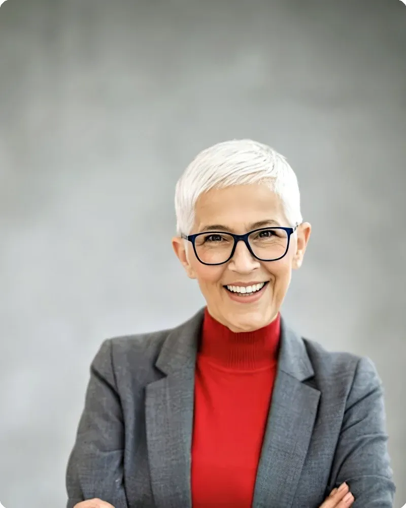 Business professional. Blazer over solid blouse or shirt. Same standards as the executive headshot world, slightly softer.