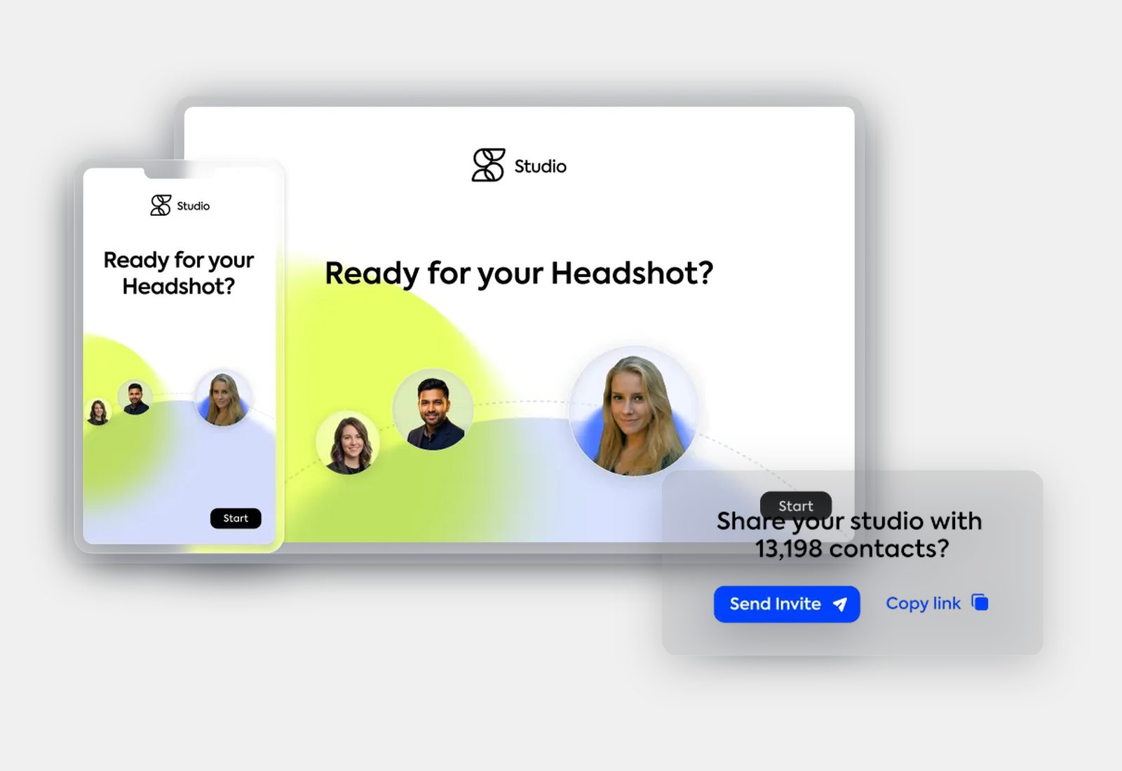 Scale Studio Ready-for-Headshot landing screens on mobile and desktop, with a Send Invite callout showing 13,198 contacts being invited across the team