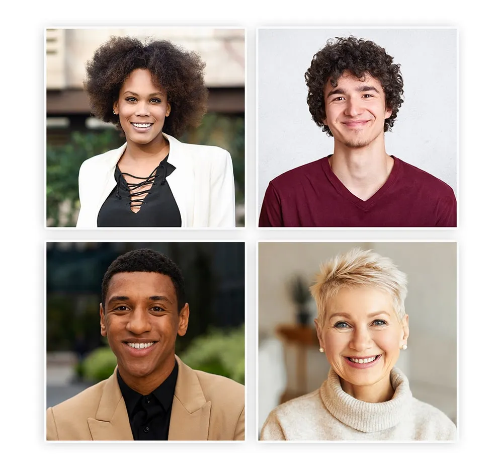 Four-tile collage of Classic headshot poses showing diverse subjects in head-on, head-and-shoulders compositions: a Black woman in a white blazer, a young man in a maroon V-neck, a Black man in a tan jacket, and an older woman in a cream turtleneck.