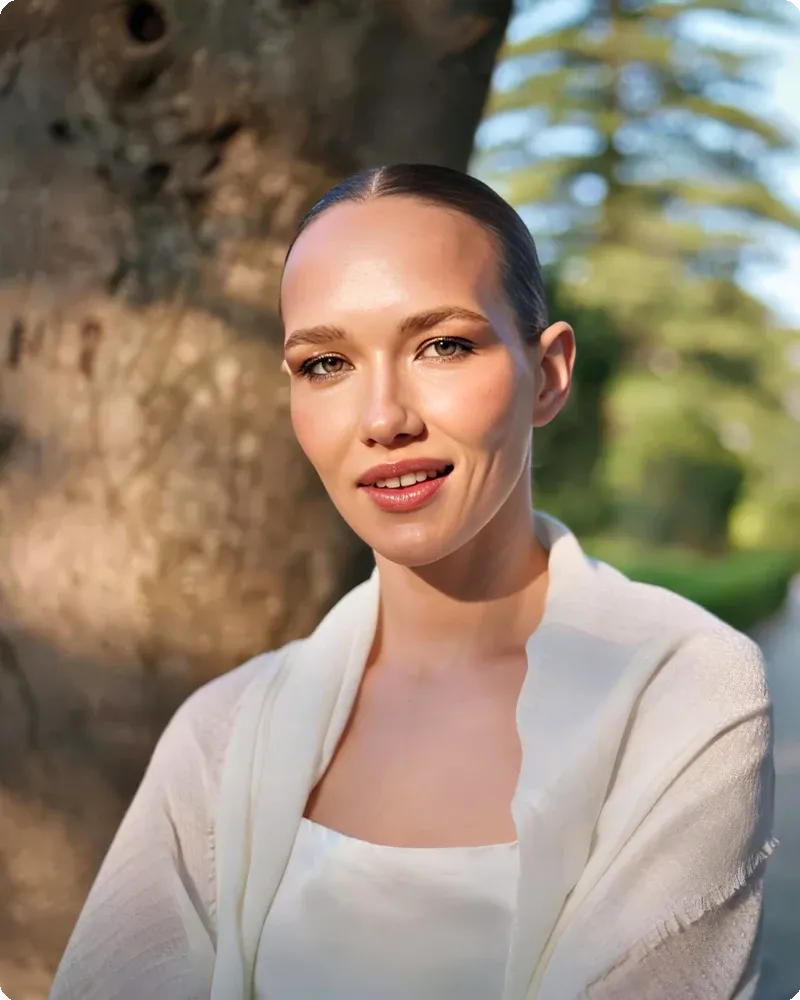 Smiling professional in soft outdoor light with naturally blurred backdrop, representing the Open Shade Natural mode
