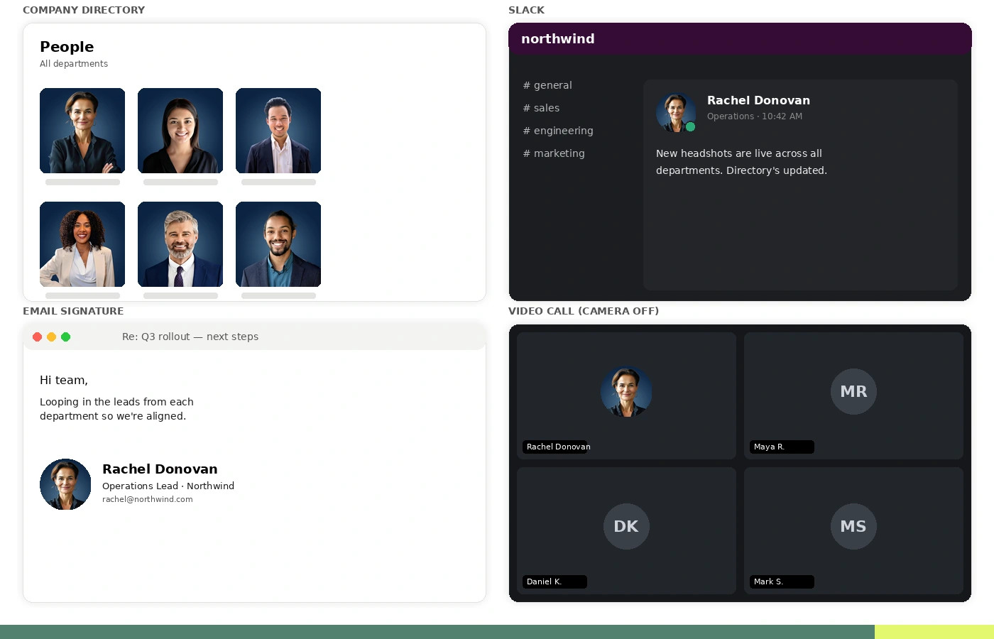 A four-panel mockup showing one consistent Scale headshot used across internal tools: a company directory, a Slack message, an email signature, and a camera-off video-call tile.