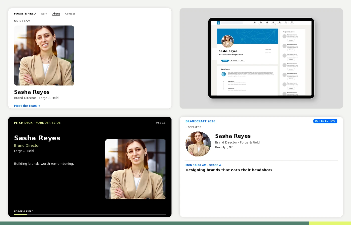 One modern team portrait used across a brand site About page, a LinkedIn profile, a sales deck founder slide, and a conference speaker directory card