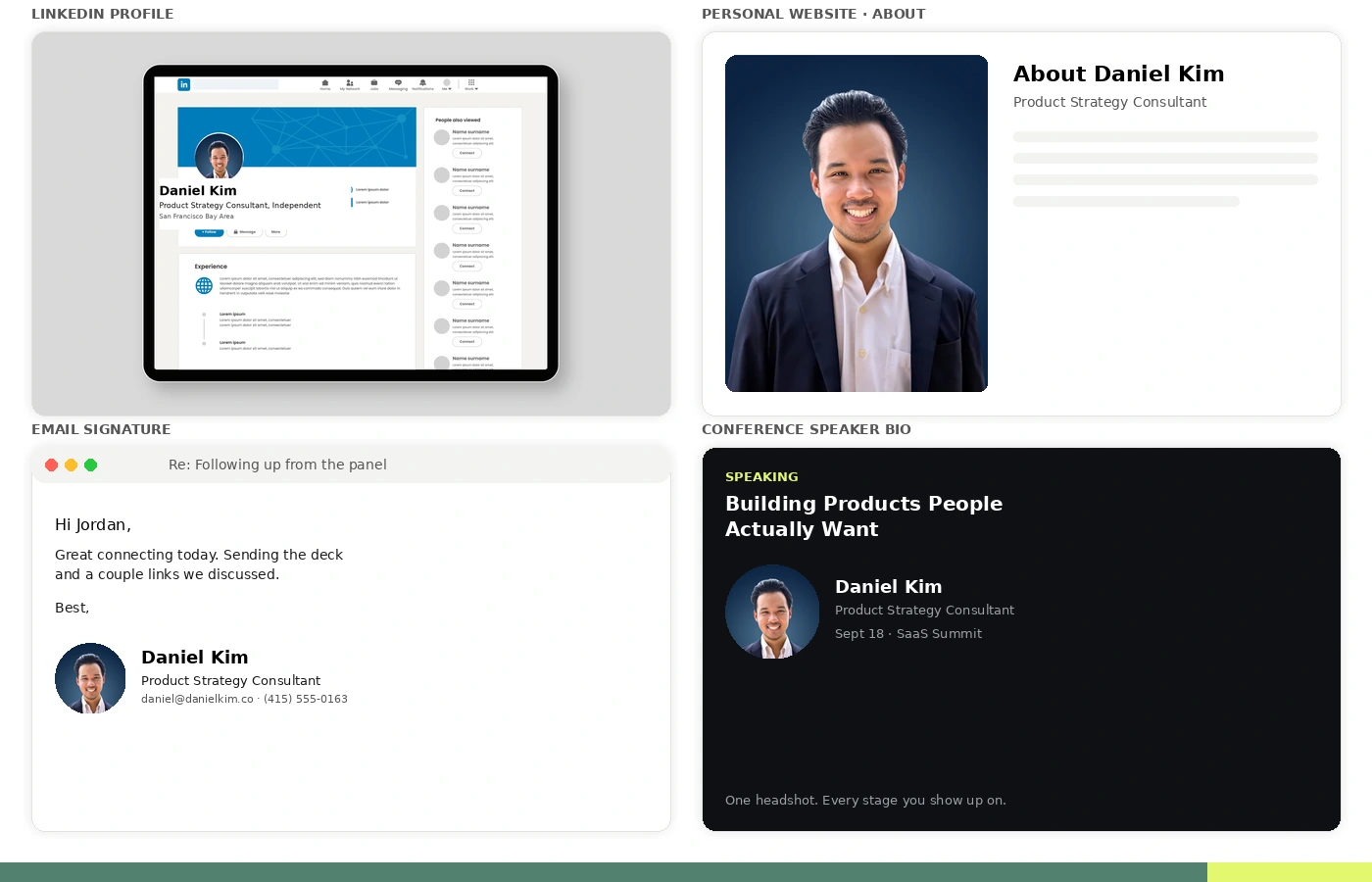 A four-panel mockup showing one person's professional headshot used consistently across his LinkedIn profile, his personal website About section, his email signature, and a conference speaker bio, illustrating one photo used everywhere a personal brand appears.