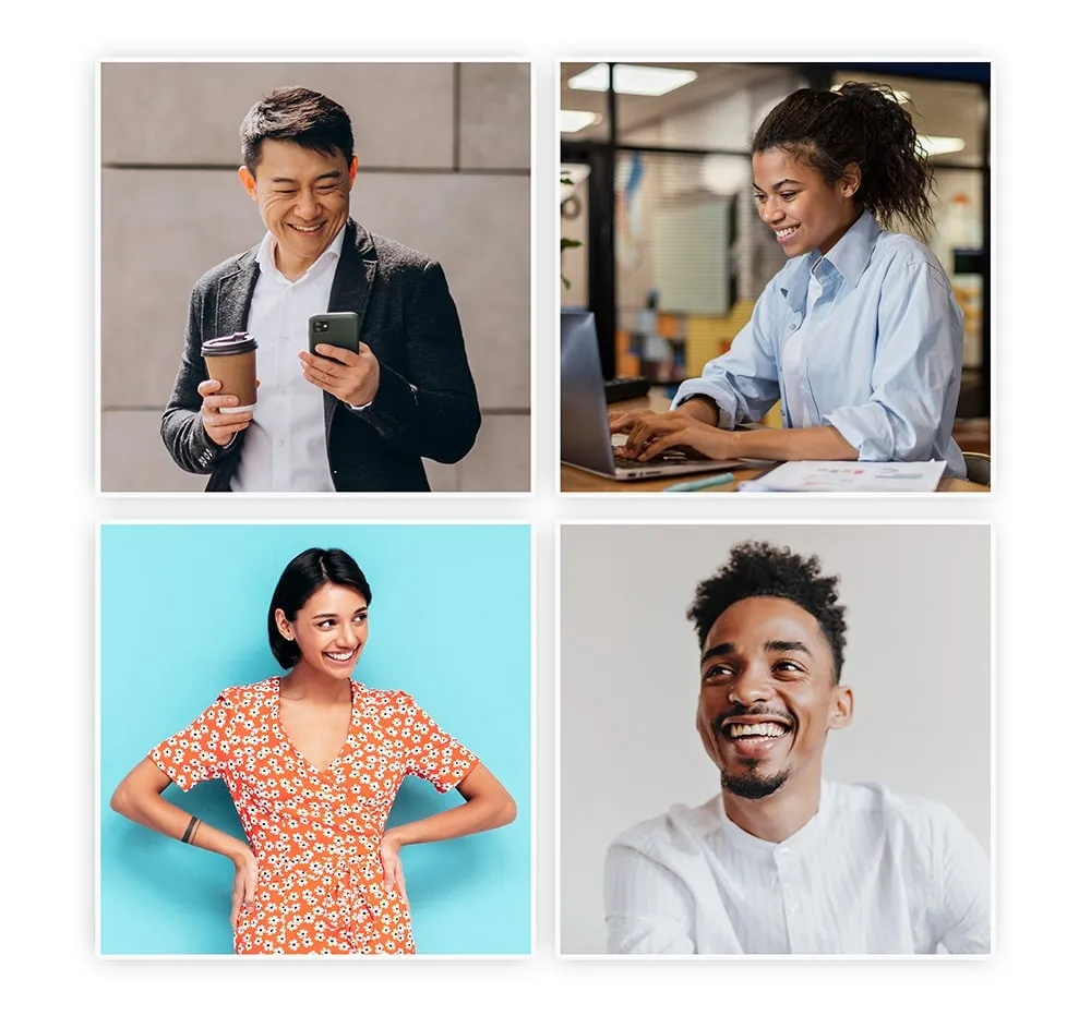 Four-tile collage of Candid headshot poses showing diverse subjects in natural micro-expressions: an Asian man with coffee and phone, a woman at a laptop, a woman in a floral dress looking away, and a young Black man laughing.