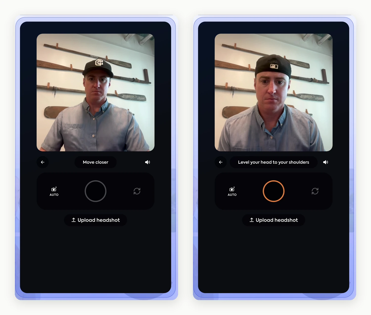 Two Studio 2 capture screens side by side on a light background. Left: the live camera view with the on-screen coaching hint 'Move closer' over the subject. Right: the same capture screen with the hint 'Level your head', showing how guidance updates in real time before the photo is taken.