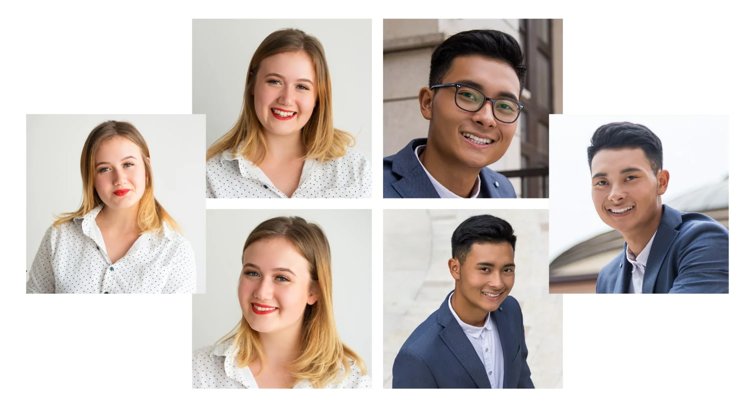 Six-tile grid of Scale-enhanced headshots showing diverse professionals across age, gender, and ethnicity, each with clean composition, even lighting, and confident expressions, illustrating the range of headshots produced from this capture-and-pose method.