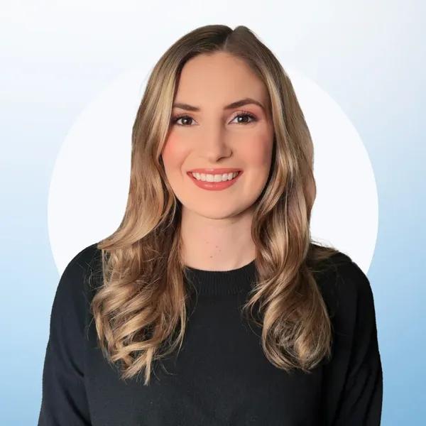 Creative headshot example: placement mockup, real photo enhanced by AI