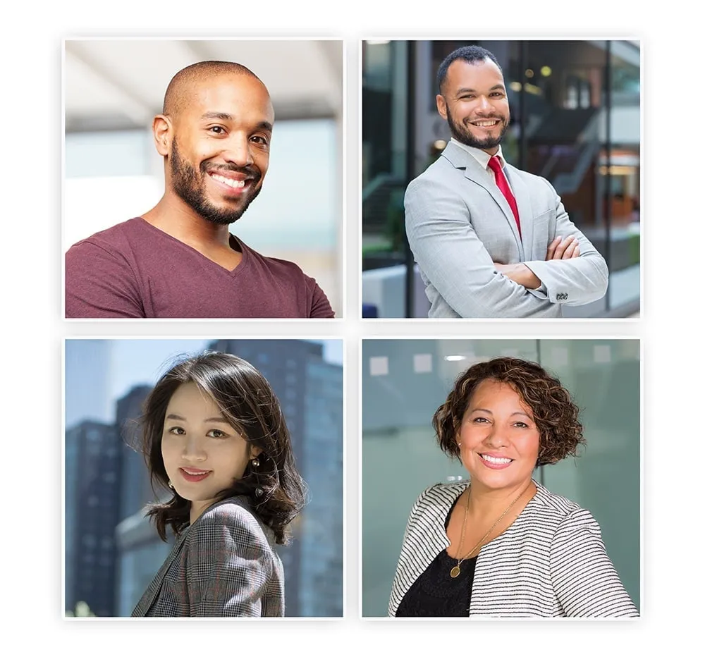Four-tile collage of 3/4 Angle headshot poses showing diverse subjects with body turned 30 to 45 degrees from the camera: a Black man in a maroon V-neck, a Black man in a gray suit with arms crossed, an Asian woman in a plaid blazer with city backdrop, and a Latin woman in a striped blazer.