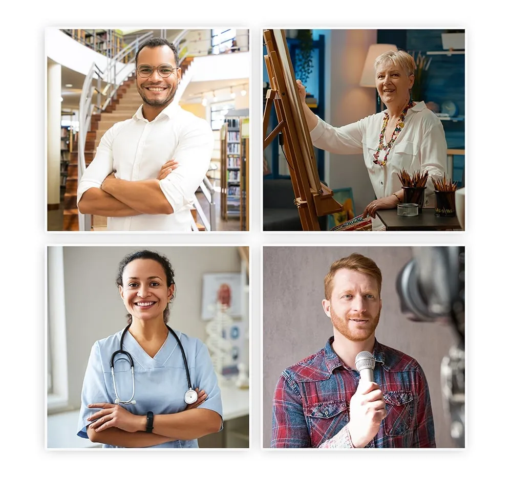 Four-tile collage of Editorial / Environmental headshot poses with workplace context: a man in a library, an older woman painting at an easel, a medical worker in scrubs, and a man holding a microphone in a podcast setting.