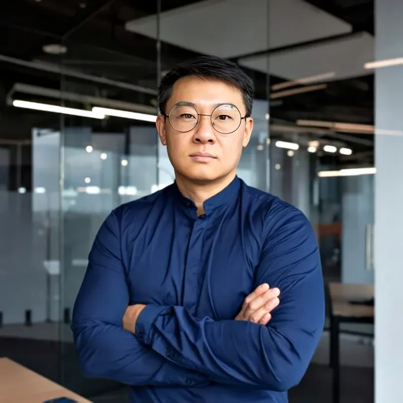 Asian businessman in glasses and navy shirt with modern glass-office backdrop, representing the Commercial Real Estate register